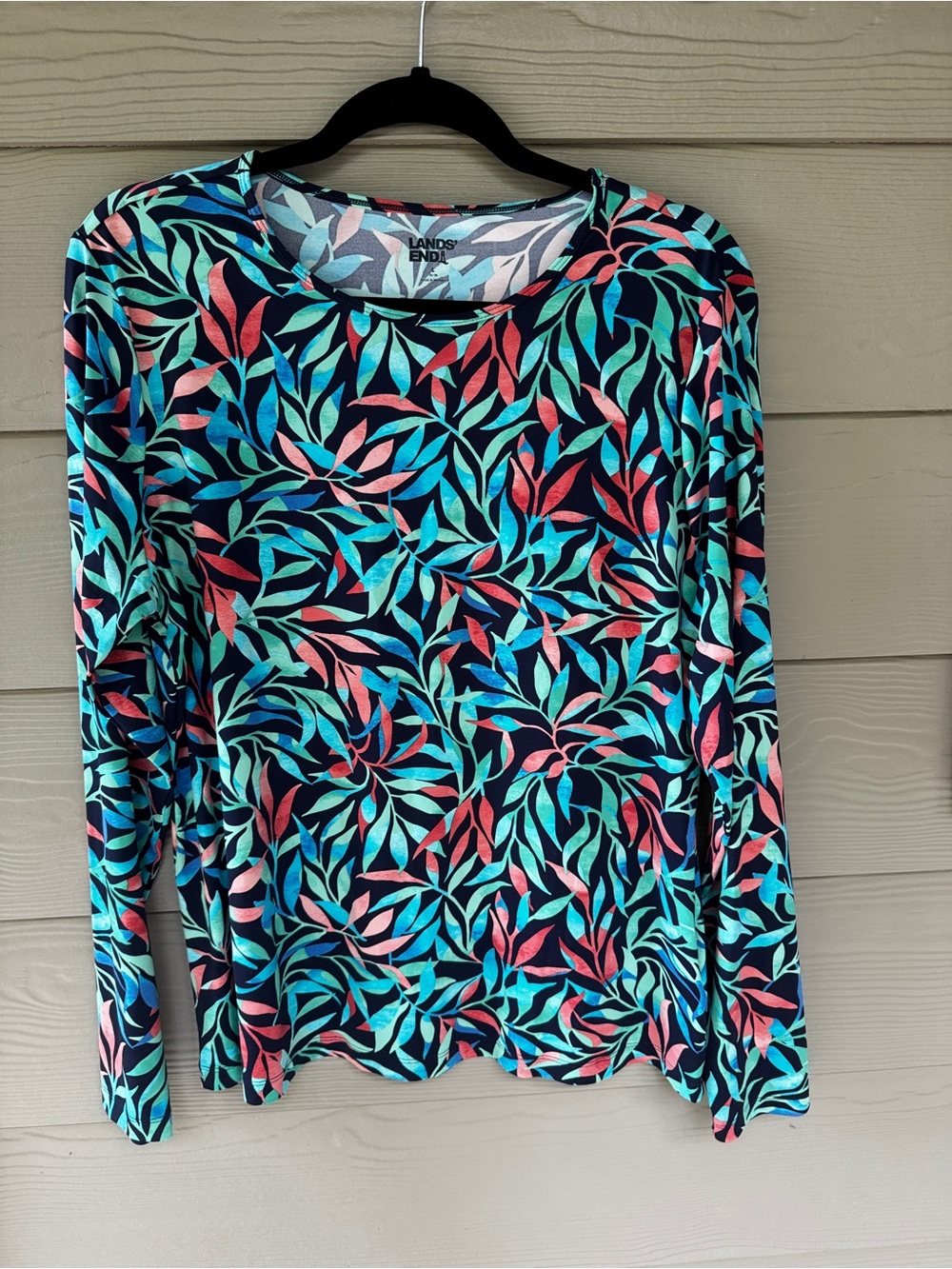 Lands End Top Women L 14-16 Navy Tropical Leaf Print Stretch Long Sleeve